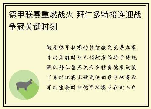 德甲联赛重燃战火 拜仁多特接连迎战争冠关键时刻