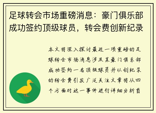 足球转会市场重磅消息：豪门俱乐部成功签约顶级球员，转会费创新纪录