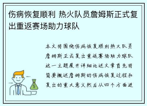 伤病恢复顺利 热火队员詹姆斯正式复出重返赛场助力球队